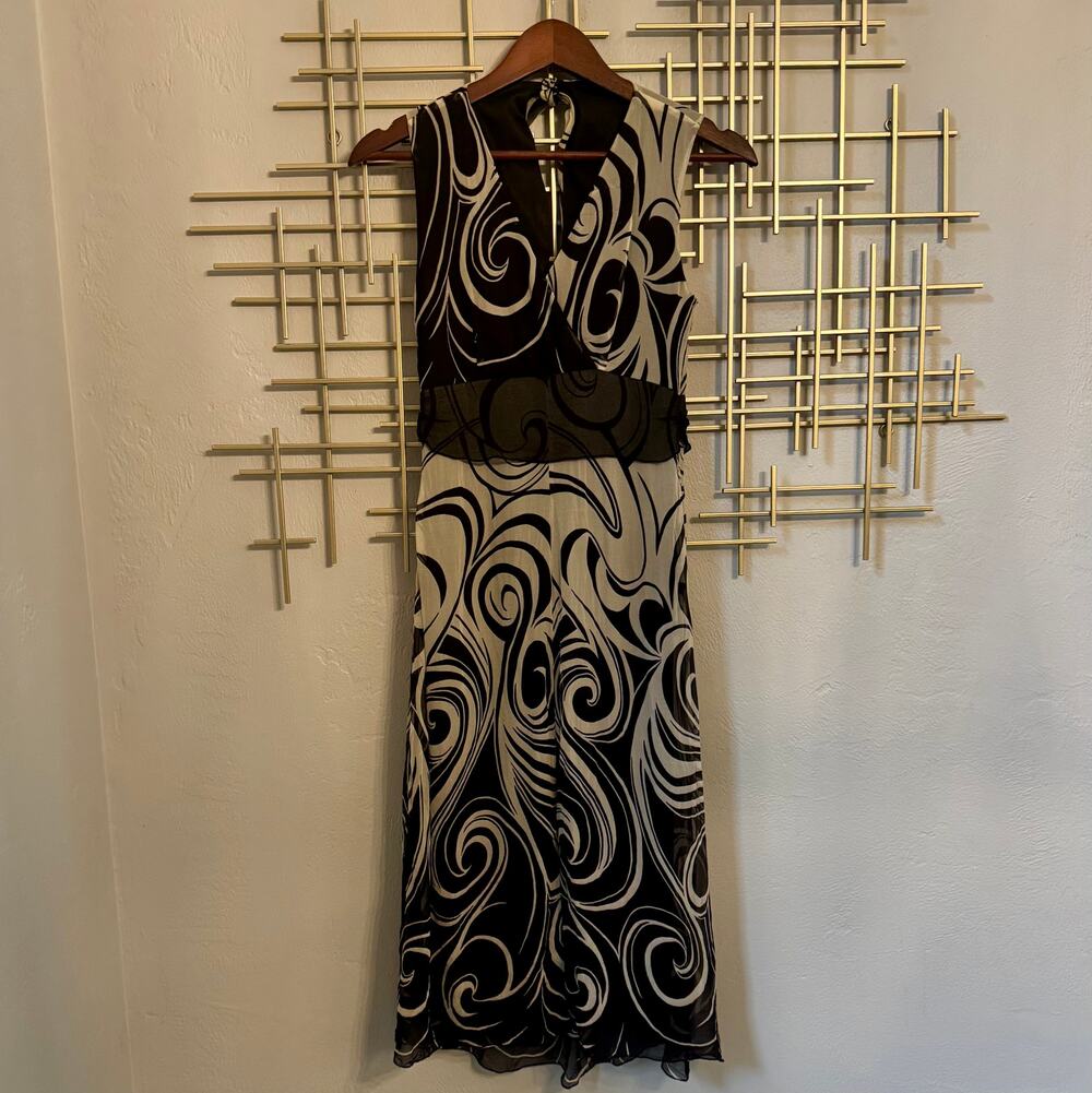 Dressbarn Silk Abstract Swirl Maxi Dress Black Ivory Size 4